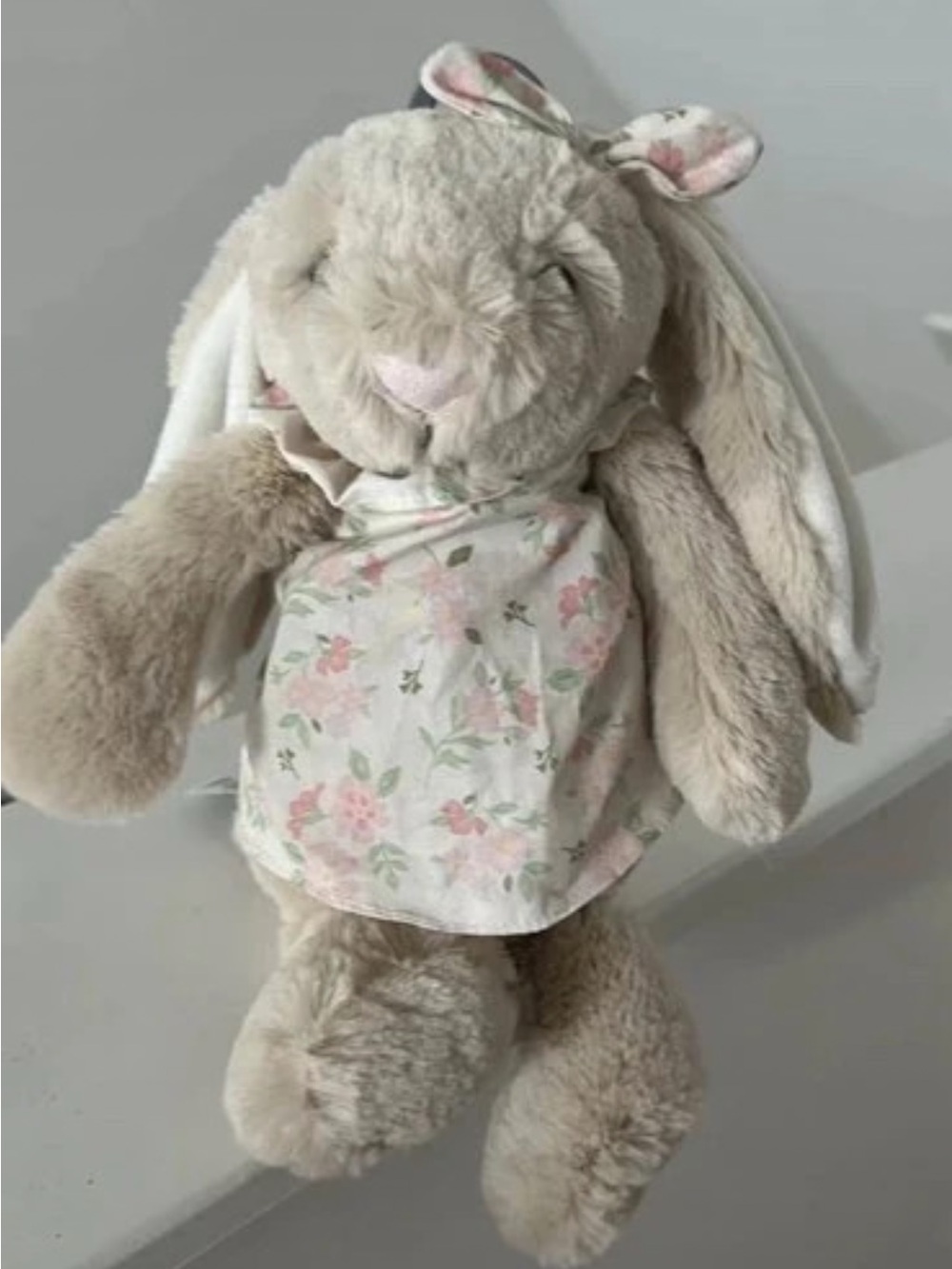 Beige Plush Bunny in Floral Dress - Kids Stuffed Animal